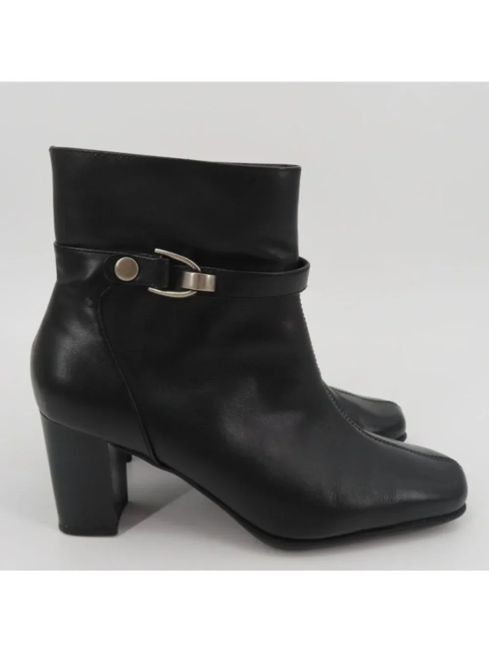 Nine & Co Women 8 M PHILLIPE Black Leather Ankle Boots Bootie Silver Block Heels